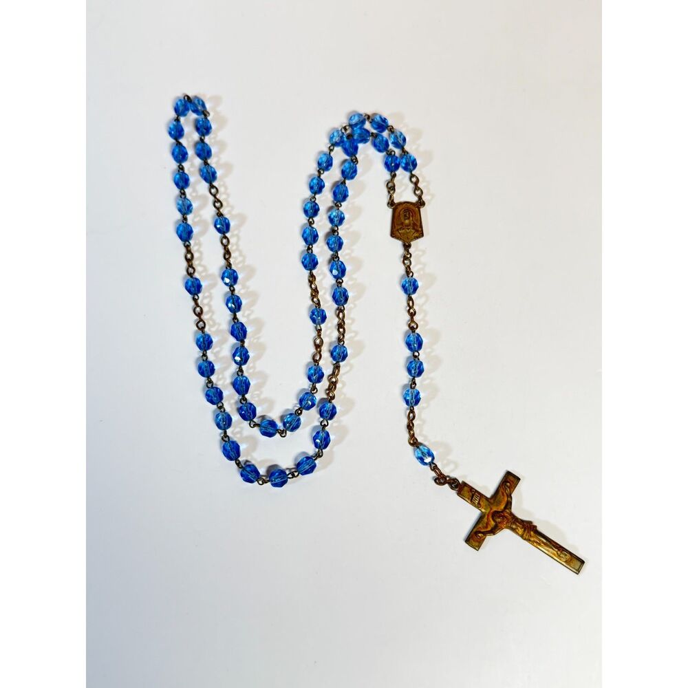 Creed Blue Glass Bead Rosary Brass Crucifix No Clasp 27 Inch